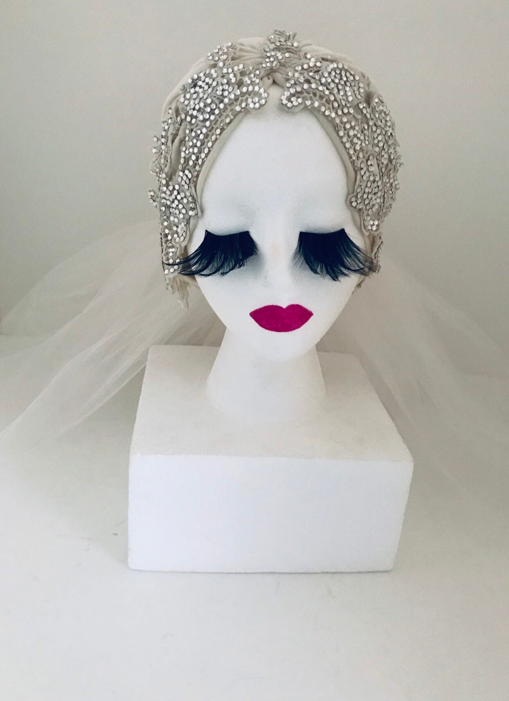 Vintage White  Wedding Turban Veil W/Swarovski Crystals
