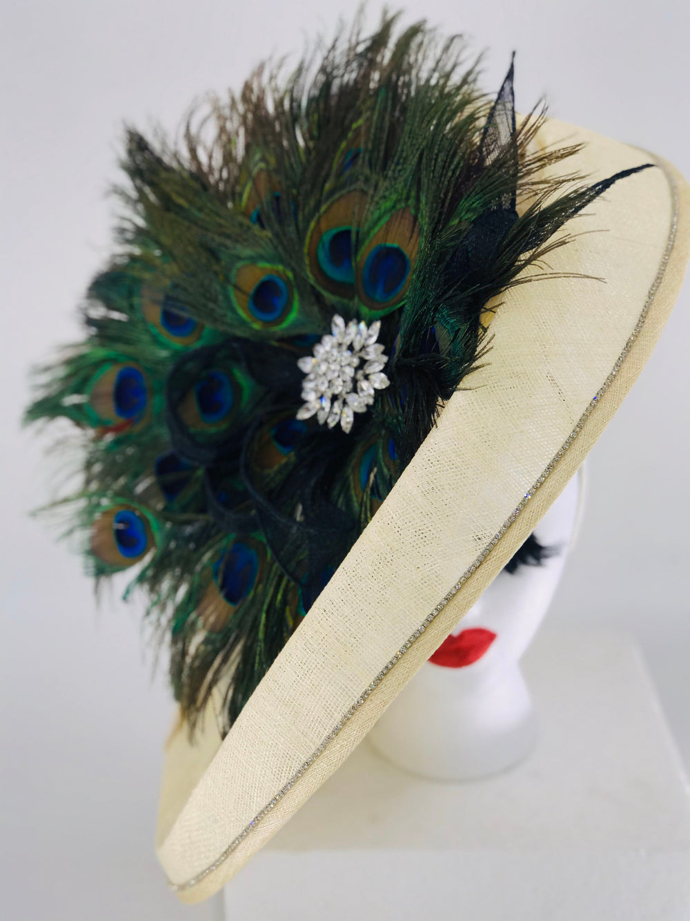 Cream White Fascinator with Green Peacock Feathers & Crystal