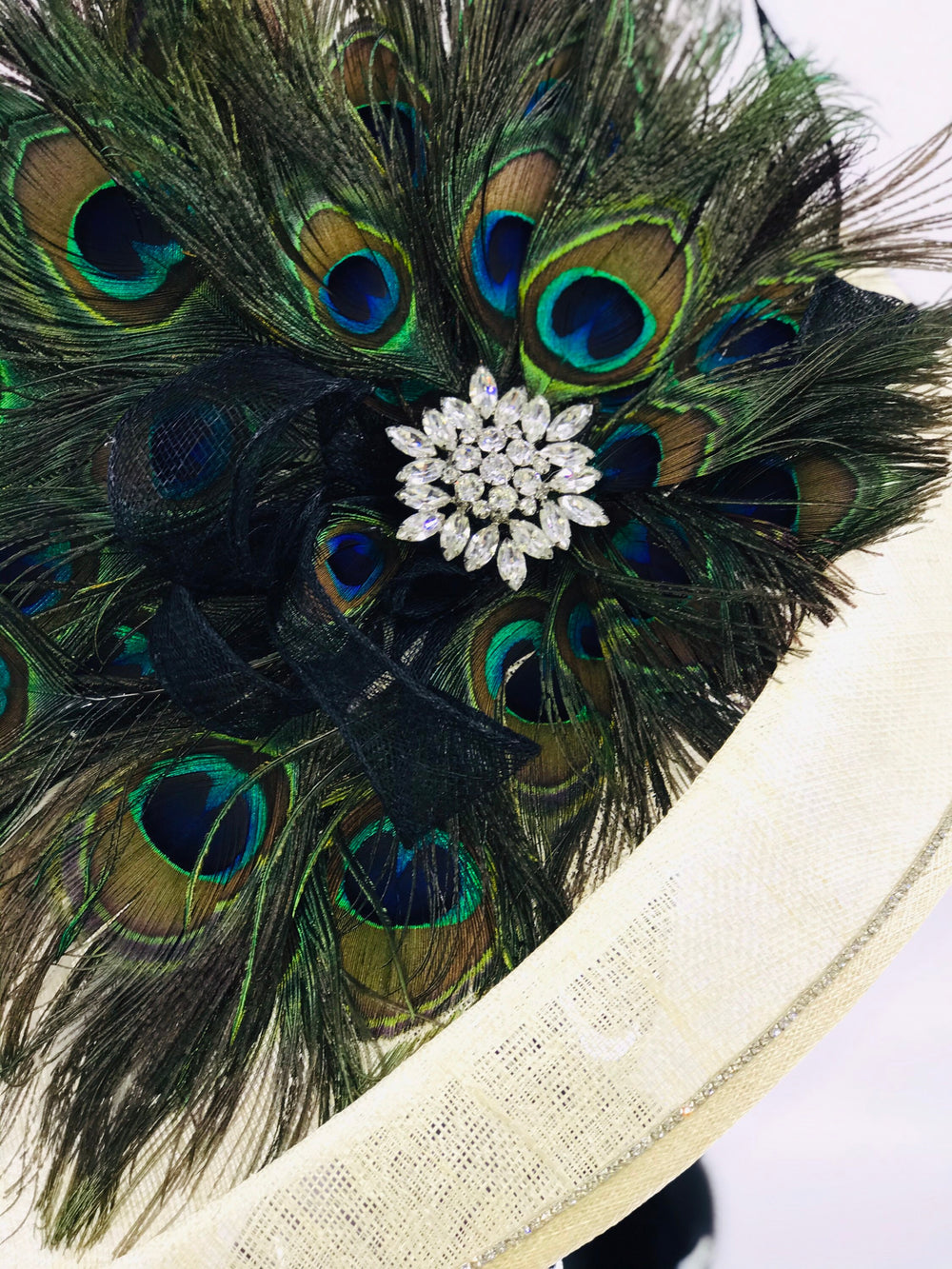 Cream White Fascinator with Green Peacock Feathers & Crystal