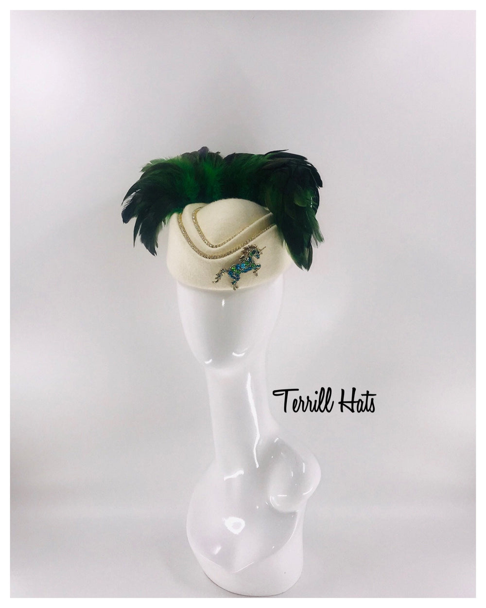 Green & White Rhinestone Feather Fascinator Hat With Crystal Unicorn Horse Kentucky Derby Fascinator