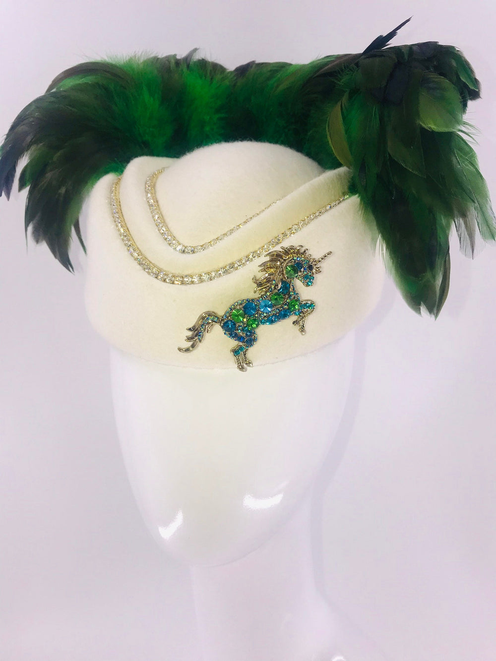 Green & White Rhinestone Feather Fascinator Hat With Crystal Unicorn Horse Kentucky Derby Fascinator