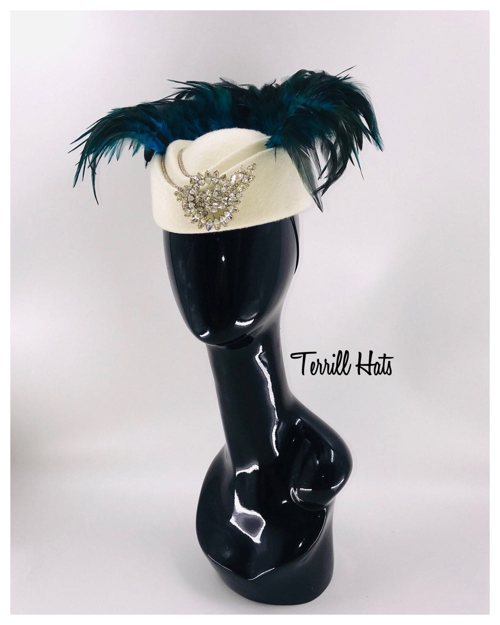 Blue & Green Feather Fascinator on White Chic Mini Hat