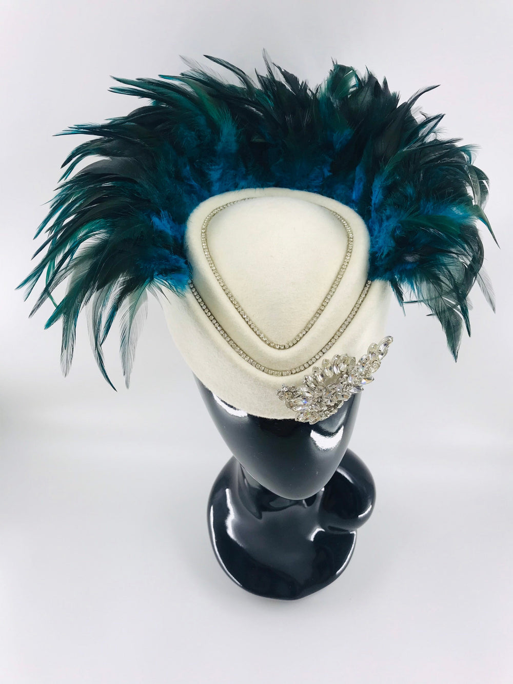 Blue & Green Feather Fascinator on White Chic Mini Hat