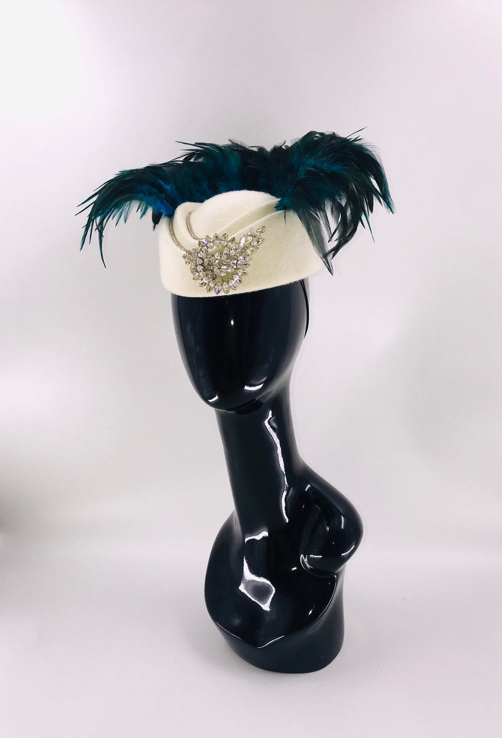 Blue & Green Feather Fascinator on White Chic Mini Hat