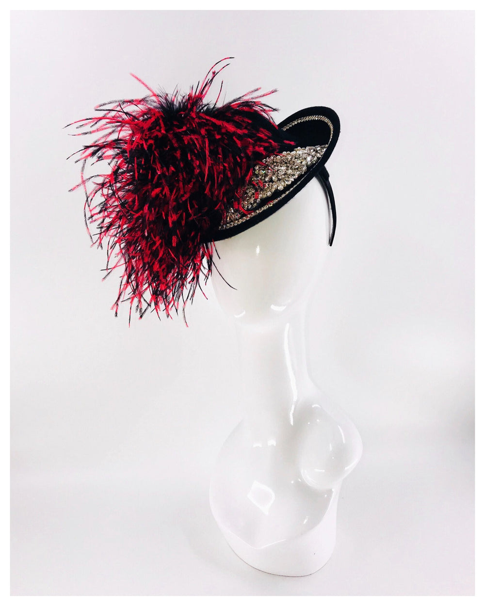 Black and Red Feather Fascinator with Crystals