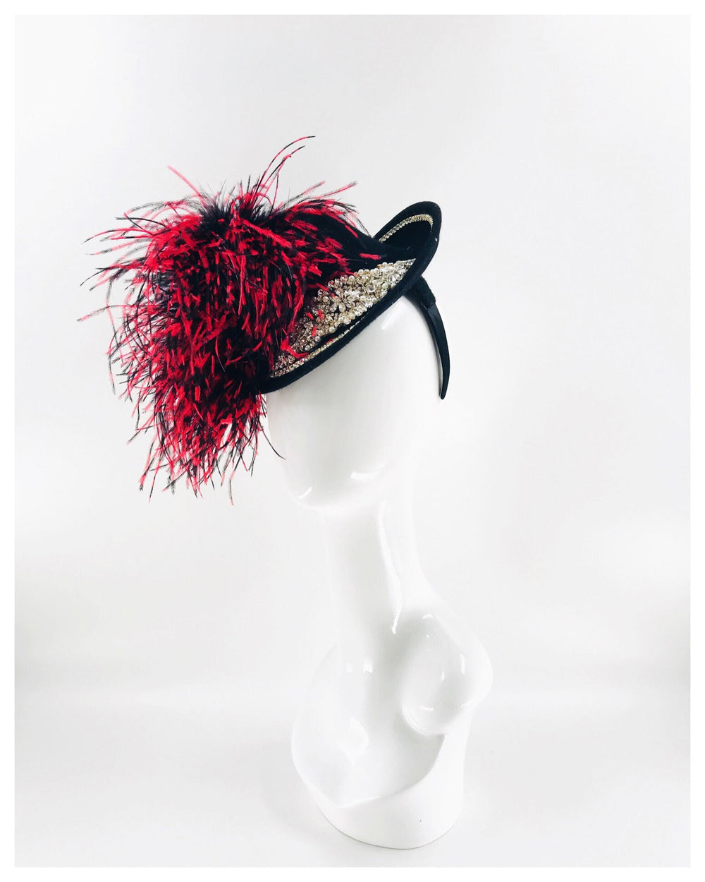 Black and Red Feather Fascinator with Crystals
