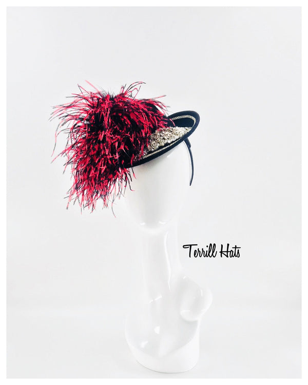 Black and Red Feather Fascinator with Crystals