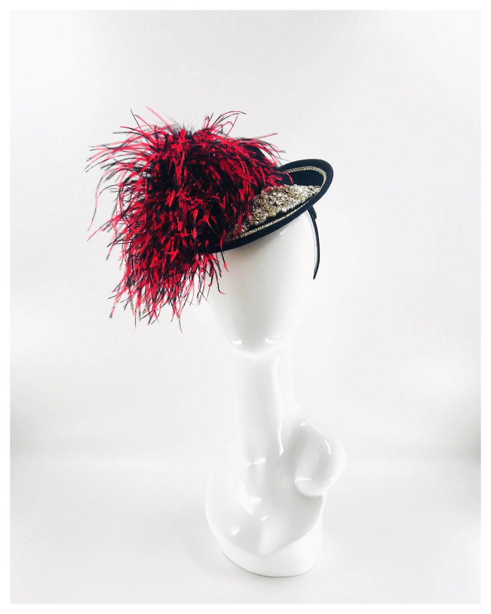 Black and Red Feather Fascinator with Crystals