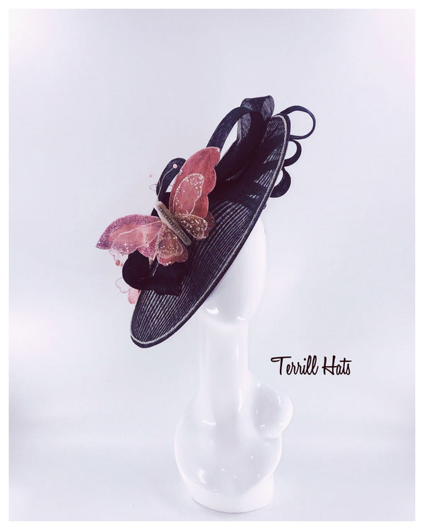 Big Pink Butterfly Black Kentucky Derby Fascinator