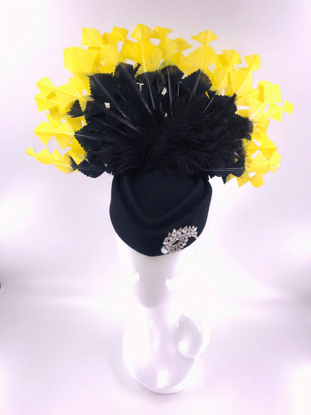 Bright Yellow and Black Fascinator with Vintage Brooch