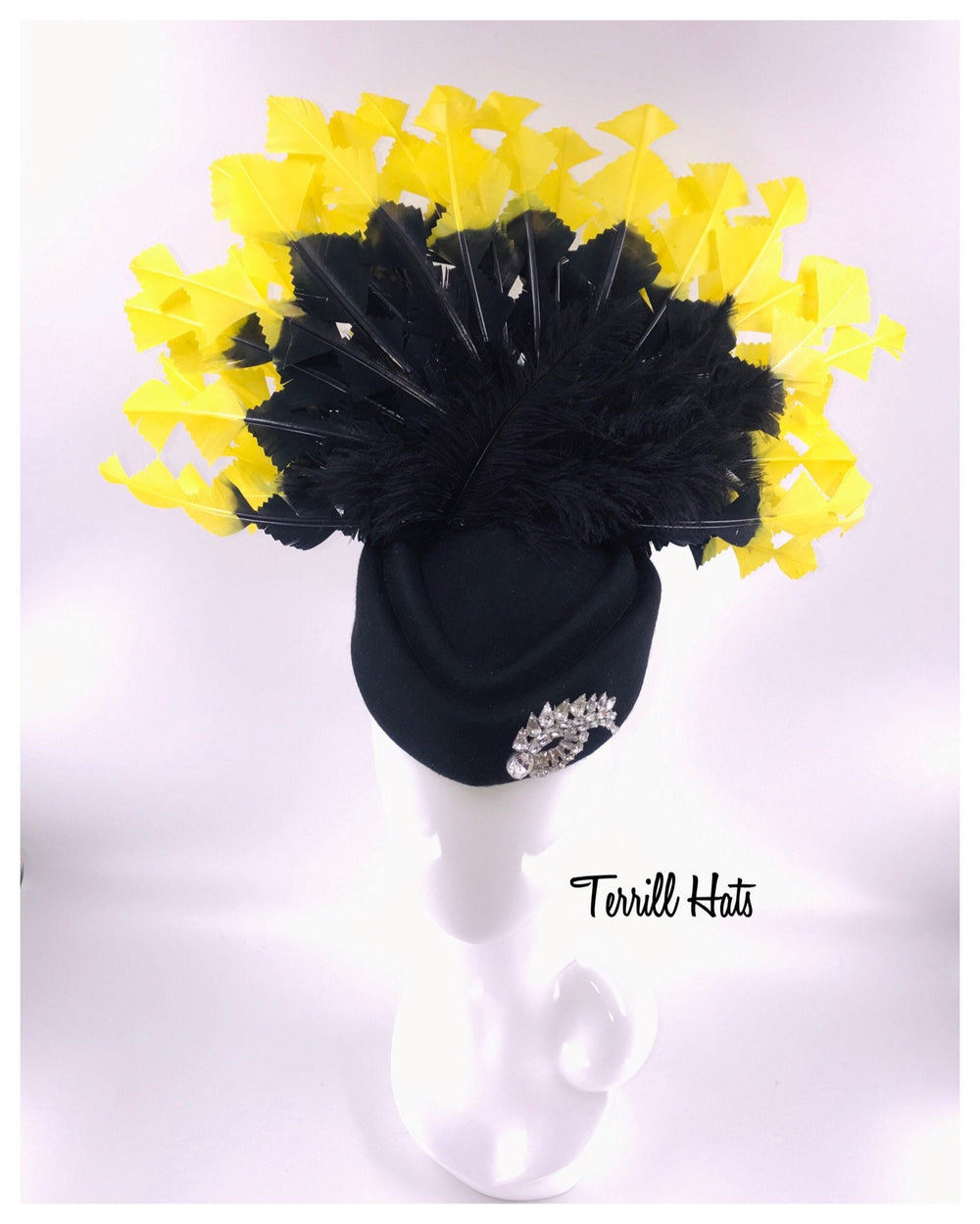 Bright Yellow and Black Fascinator with Vintage Brooch