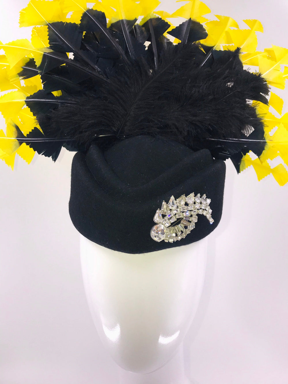 Bright Yellow and Black Fascinator with Vintage Brooch