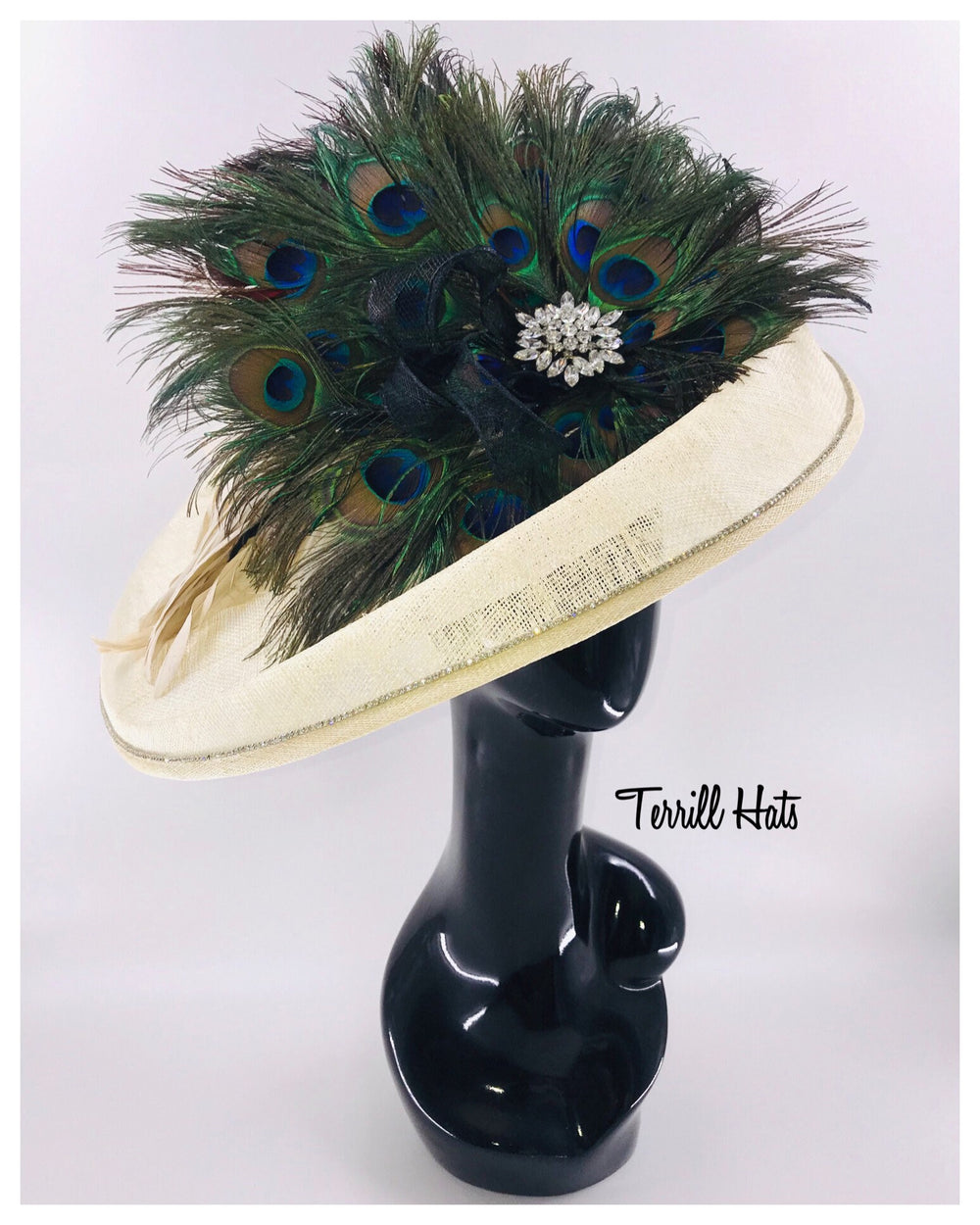 Cream White Fascinator with Green Peacock Feathers & Crystal