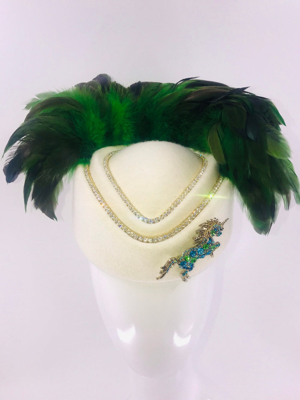 Green & White Rhinestone Feather Fascinator Hat With Crystal Unicorn Horse Kentucky Derby Fascinator
