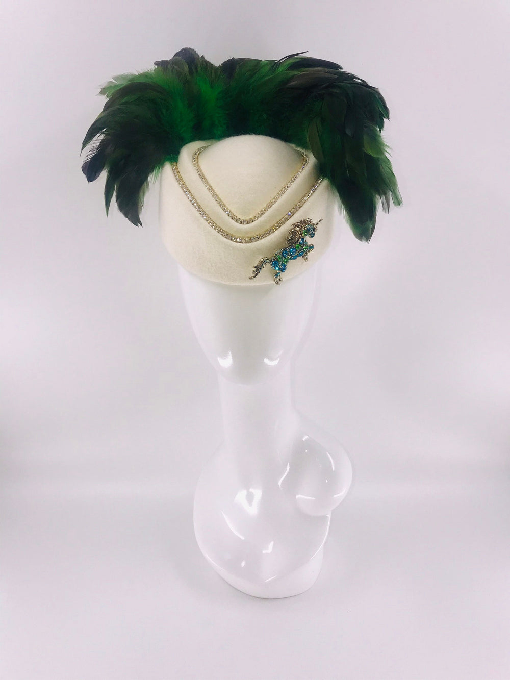 Green & White Rhinestone Feather Fascinator Hat With Crystal Unicorn Horse Kentucky Derby Fascinator