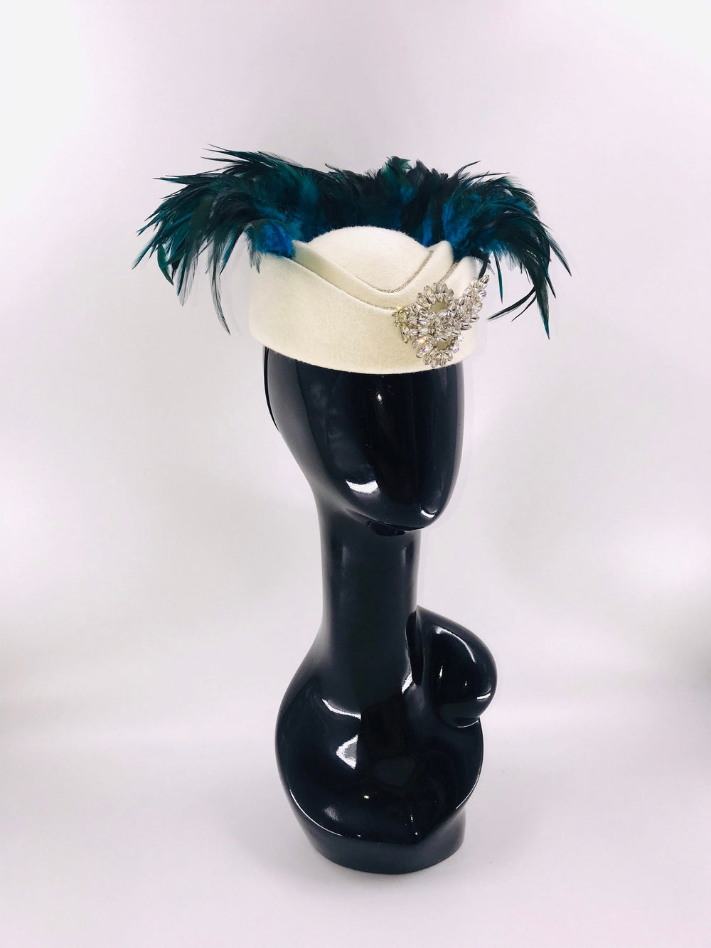 Blue & Green Feather Fascinator on White Chic Mini Hat