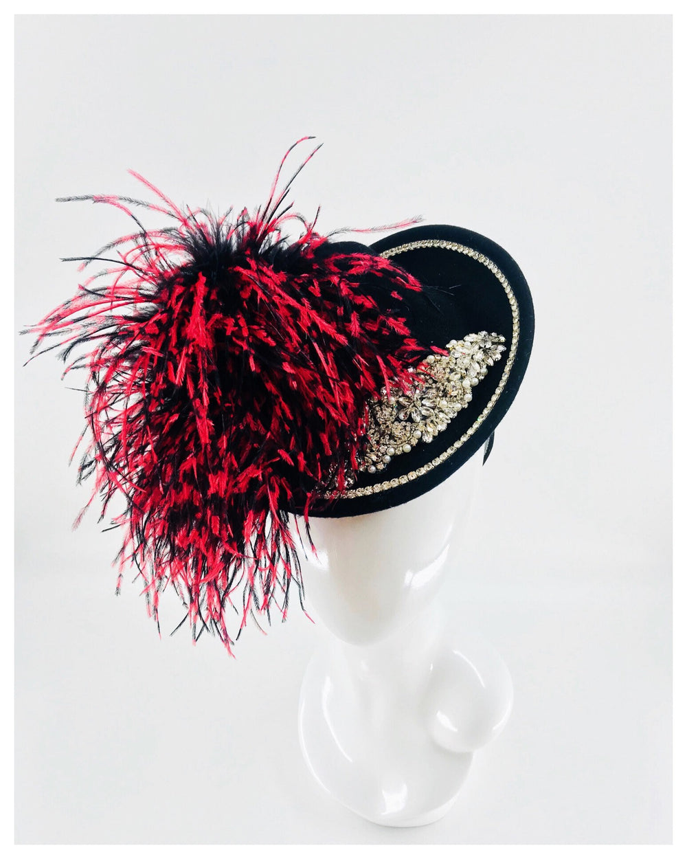 Black and Red Feather Fascinator with Crystals