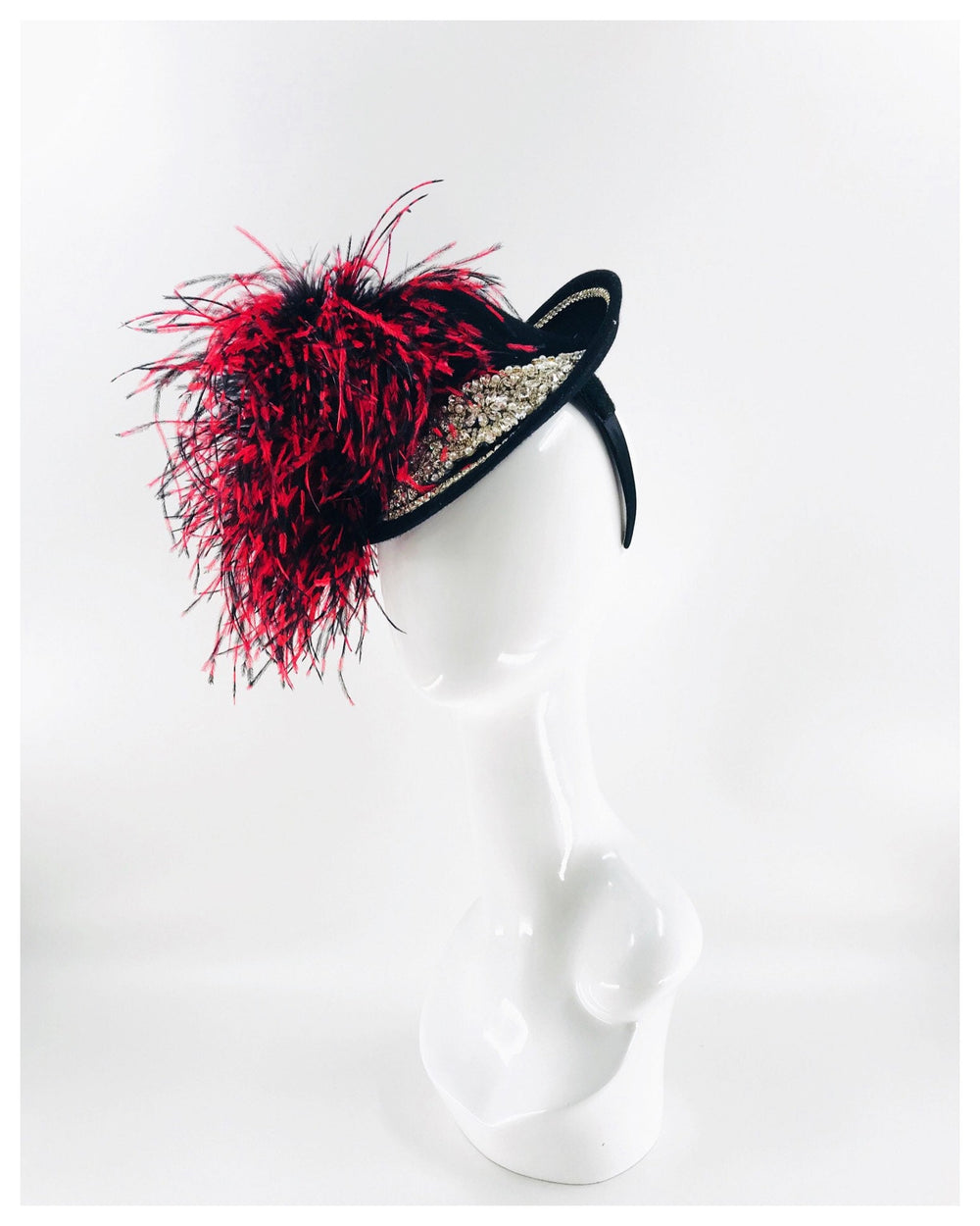 Black and Red Feather Fascinator with Crystals