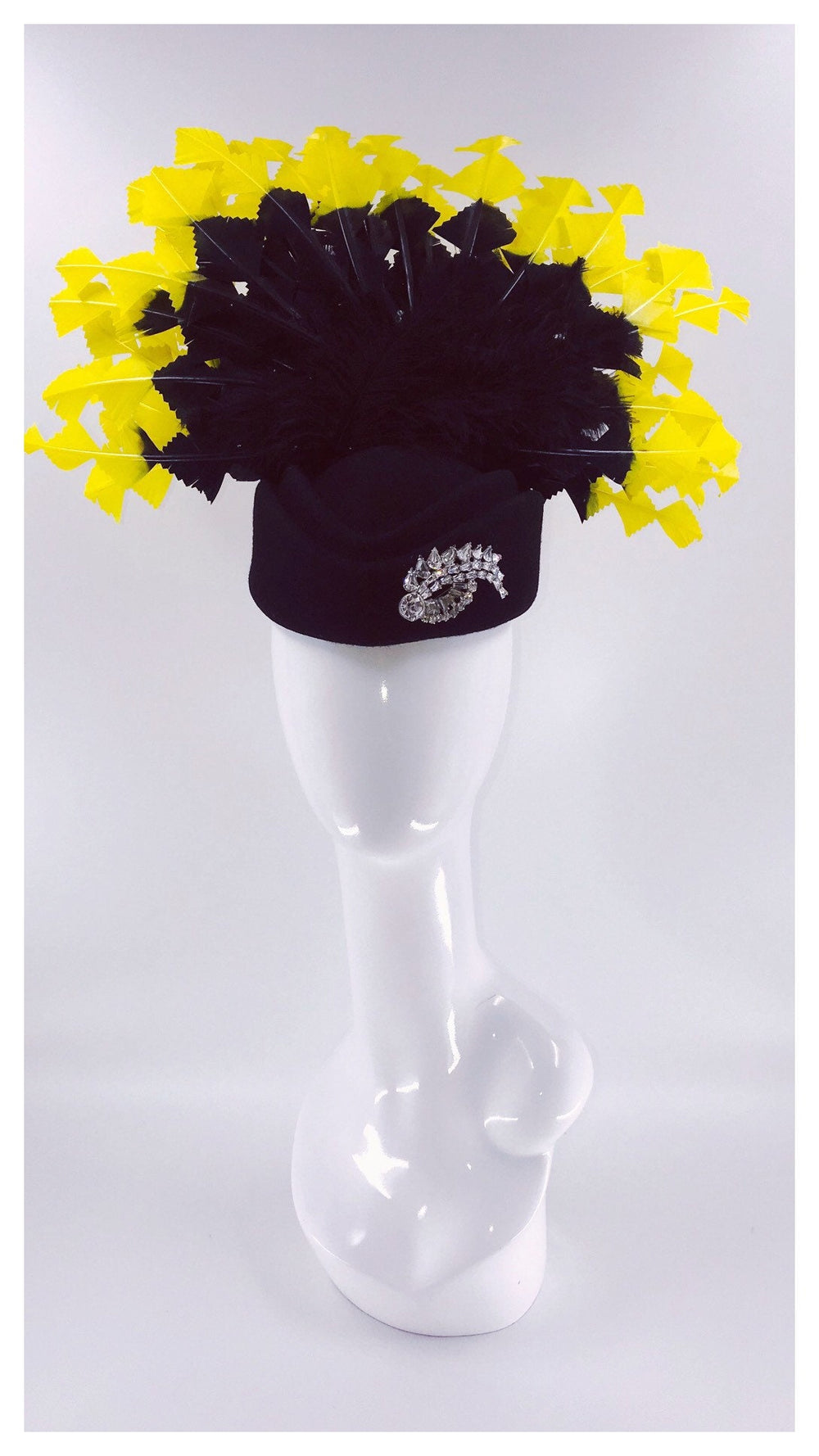 Bright Yellow and Black Fascinator with Vintage Brooch