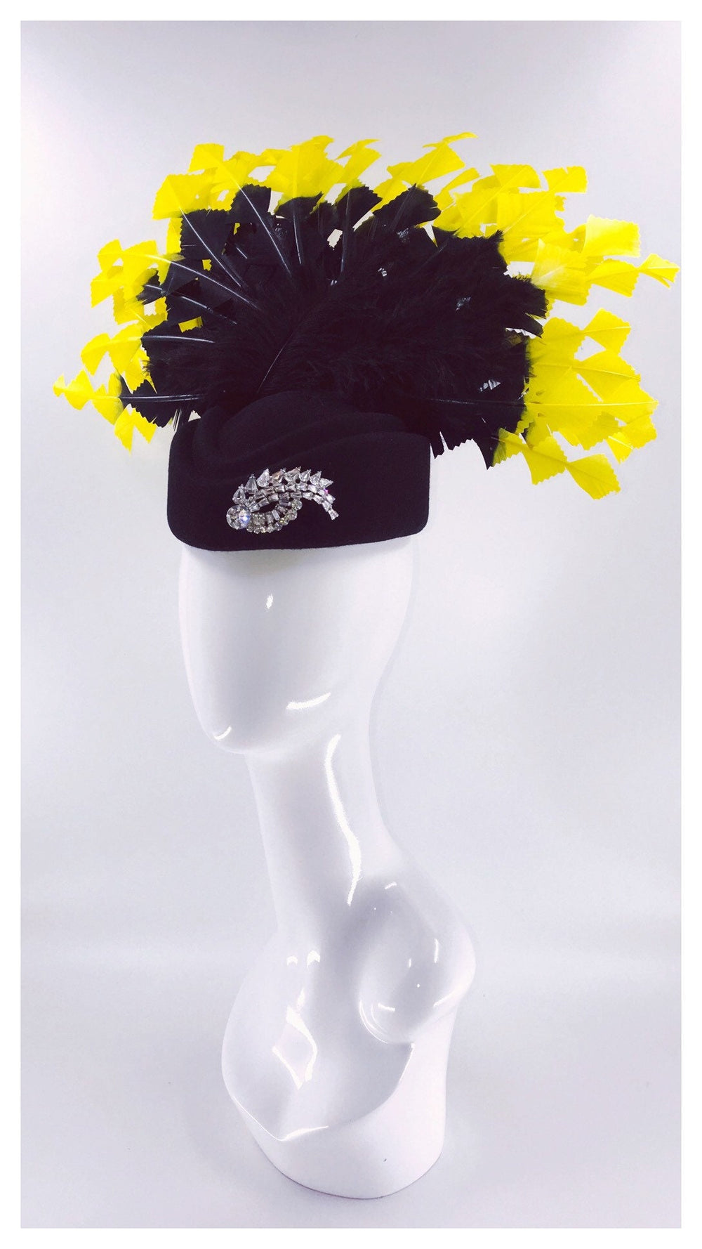 Bright Yellow and Black Fascinator with Vintage Brooch
