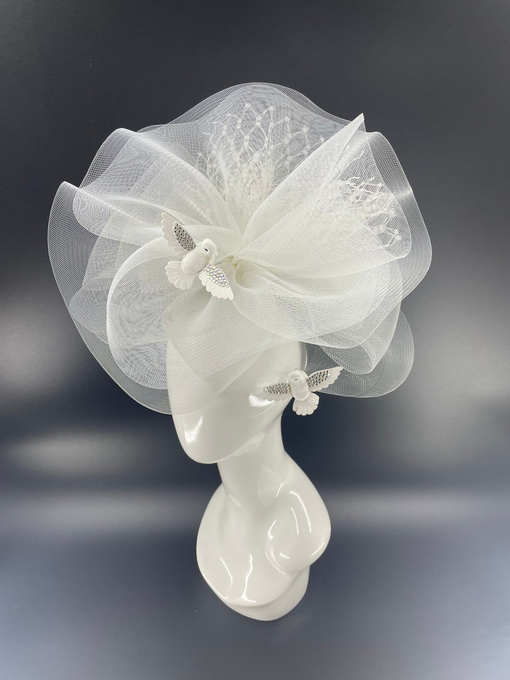 Big Light Gray & White Crystal Bird Fascinator