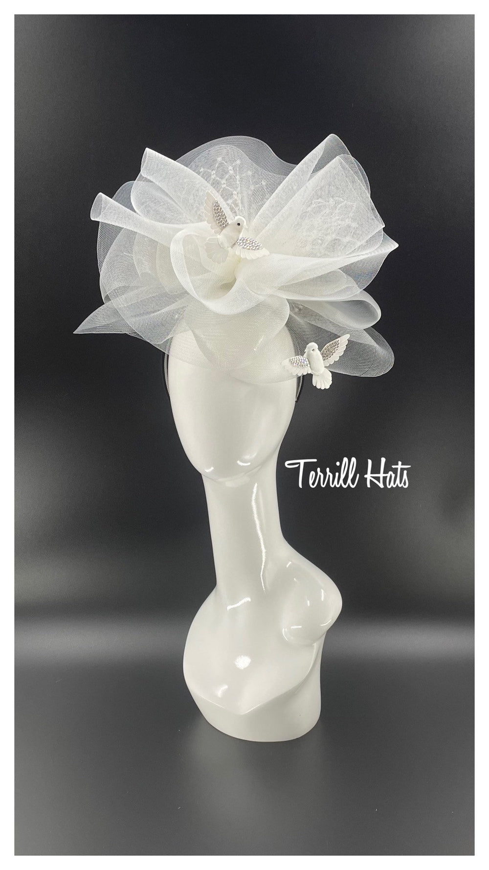 Big Light Gray & White Crystal Bird Fascinator