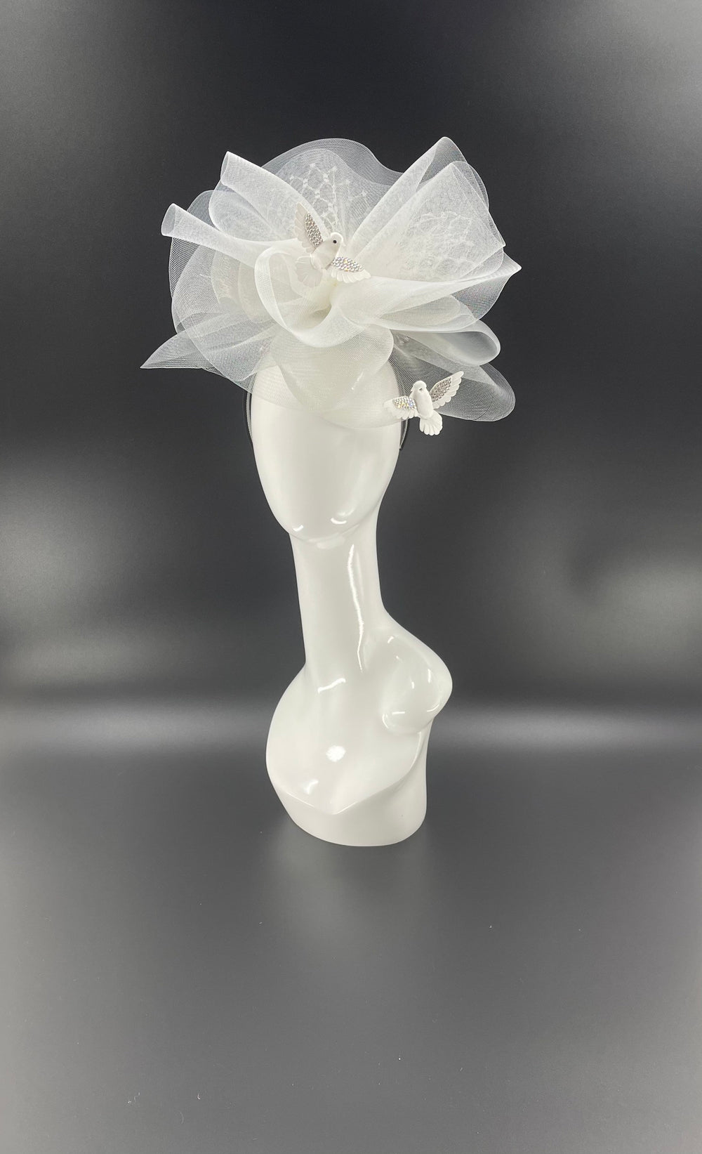 Big Light Gray & White Crystal Bird Fascinator