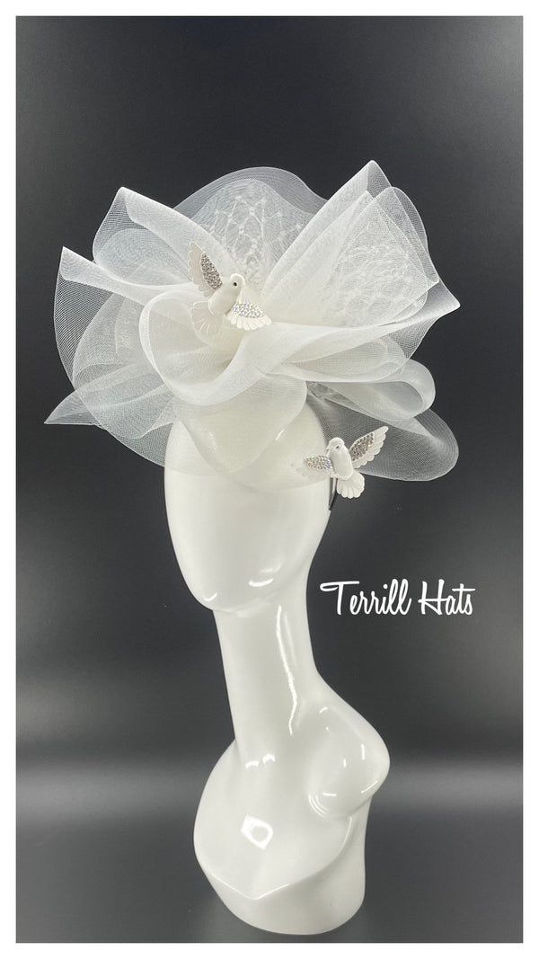 Big Light Gray & White Crystal Bird Fascinator