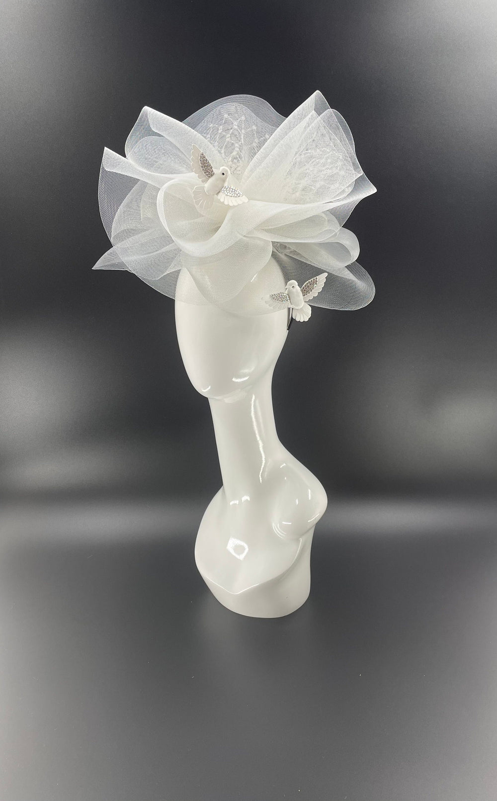 Big Light Gray & White Crystal Bird Fascinator
