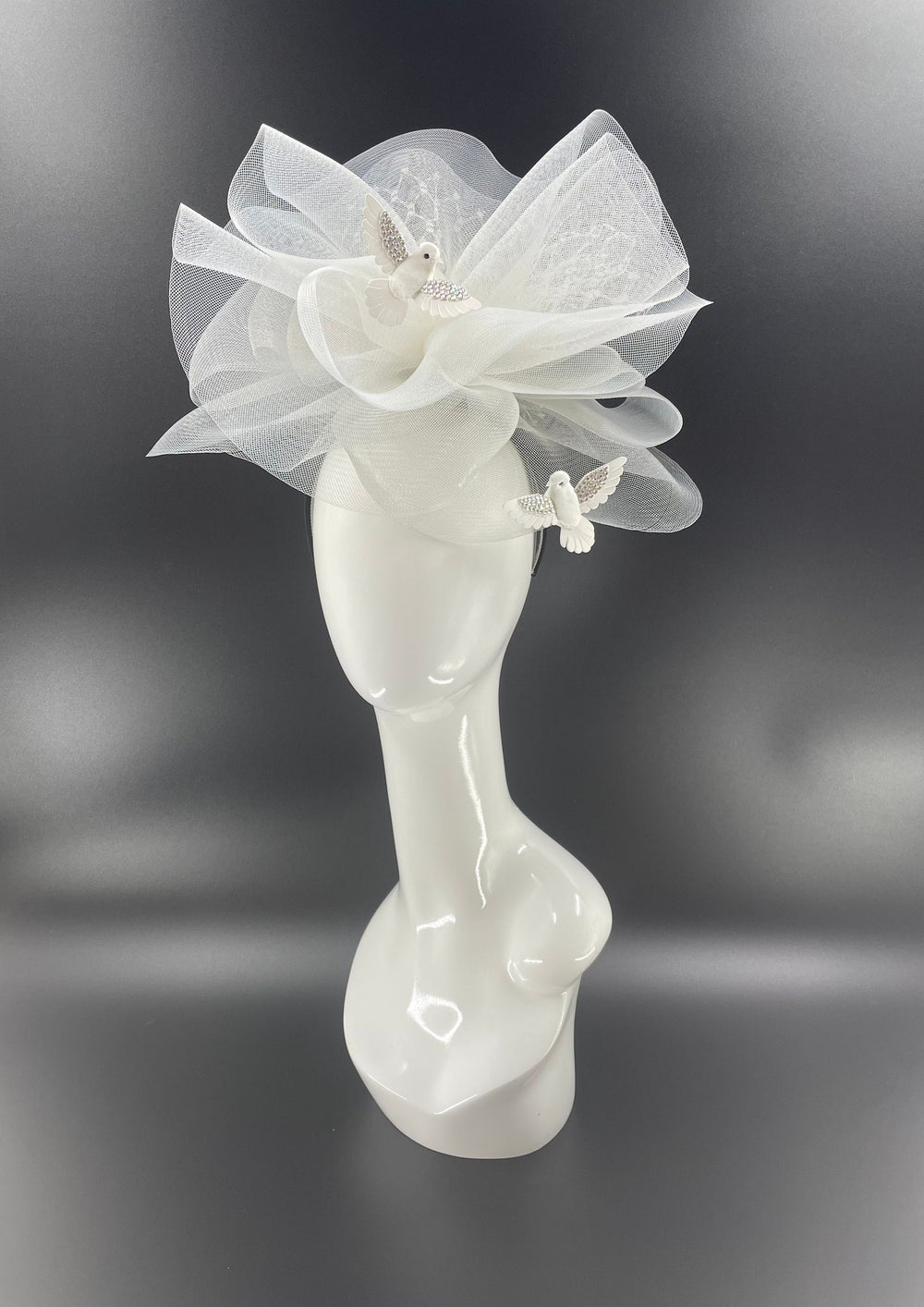 Big Light Gray & White Crystal Bird Fascinator