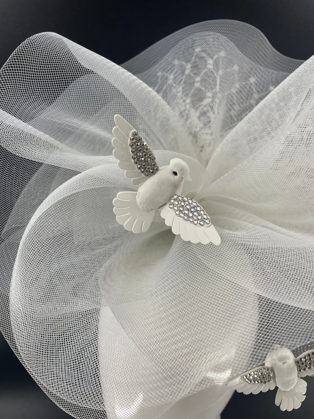 Big Light Gray & White Crystal Bird Fascinator