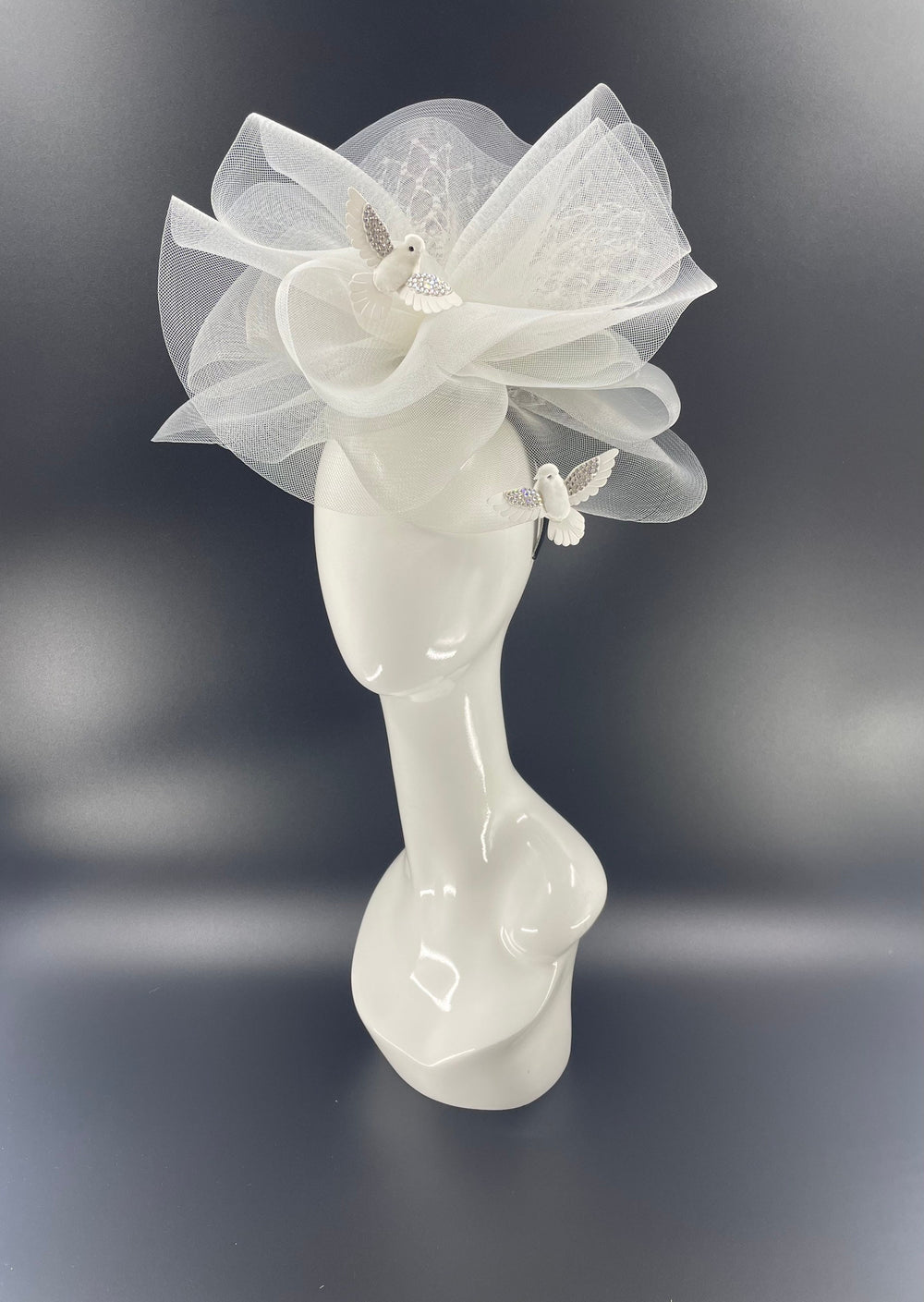 Big Light Gray & White Crystal Bird Fascinator