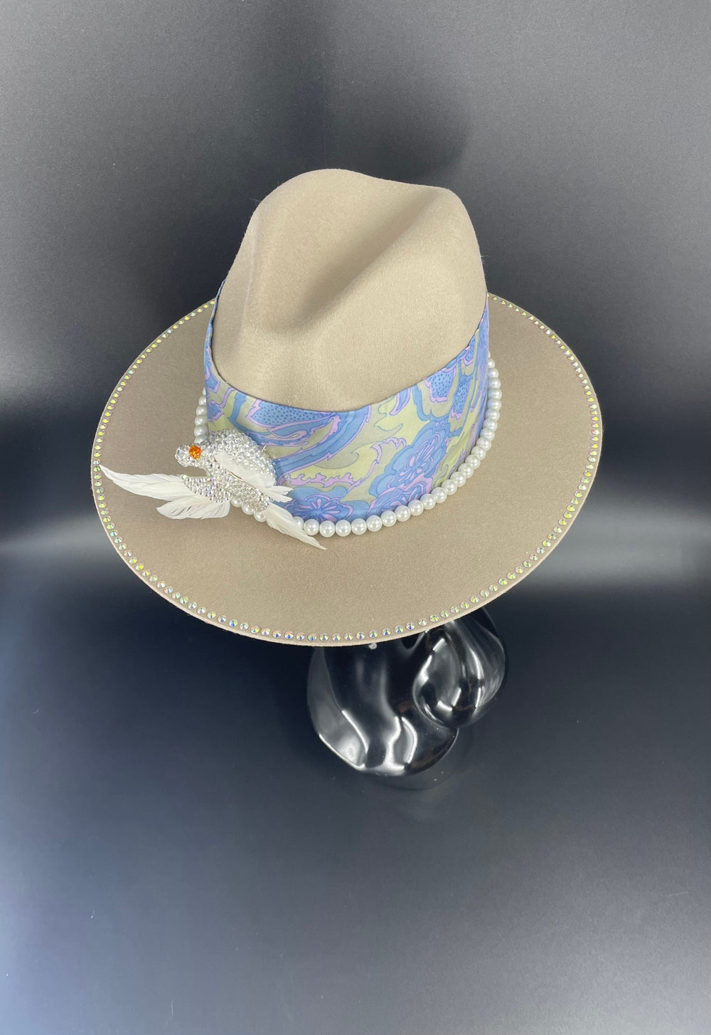 Light Tan Embellished Fedora W/Strassed Bird