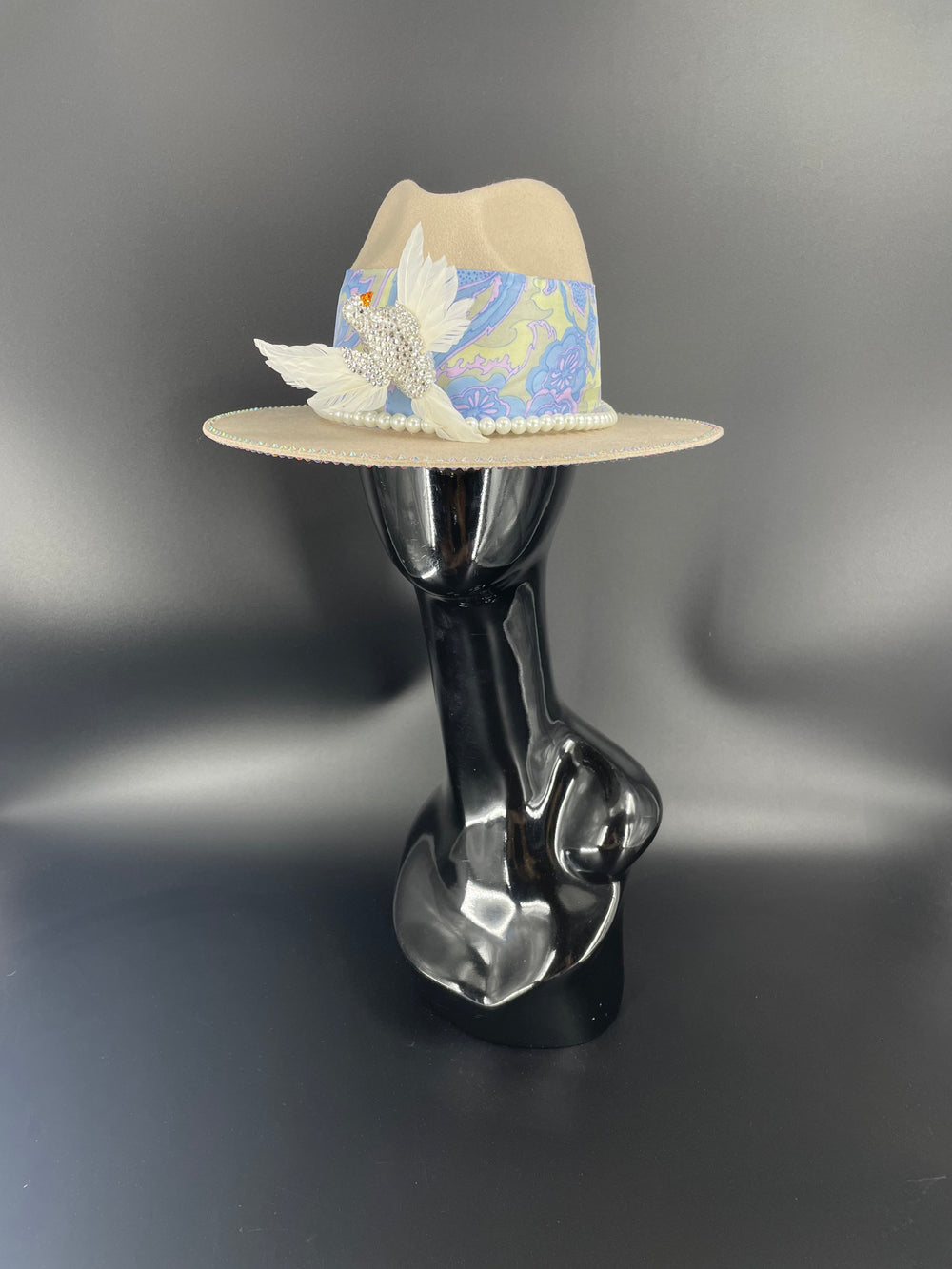 Light Tan Embellished Fedora W/Strassed Bird