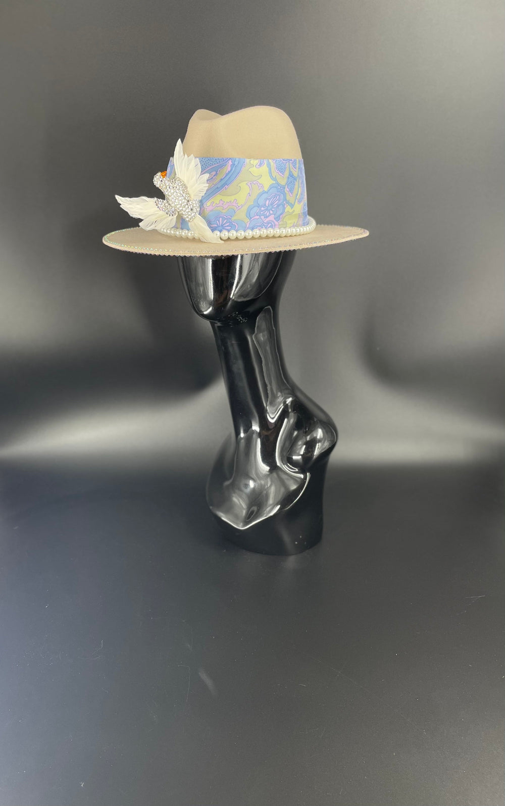 Light Tan Embellished Fedora W/Strassed Bird