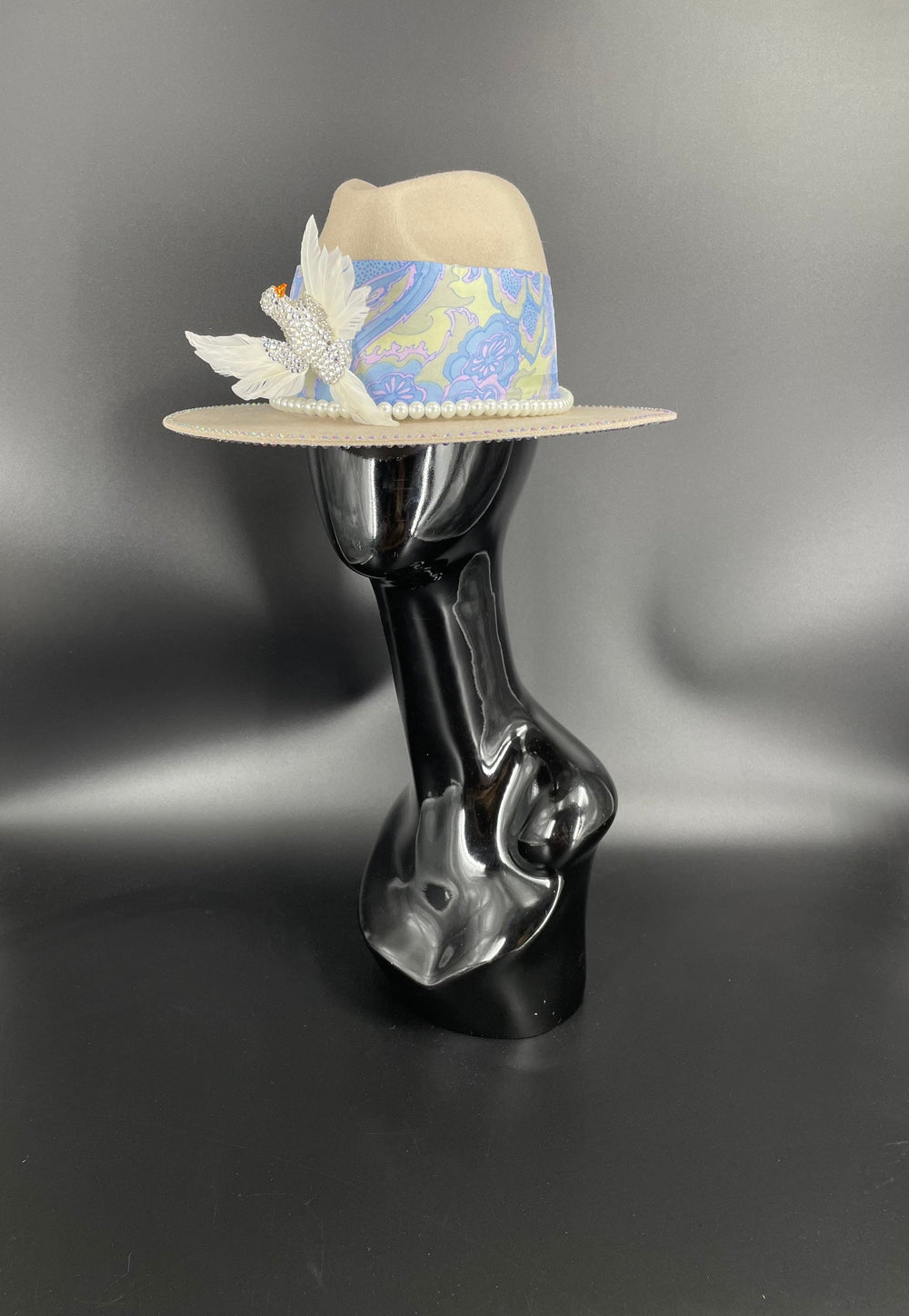 Light Tan Embellished Fedora W/Strassed Bird