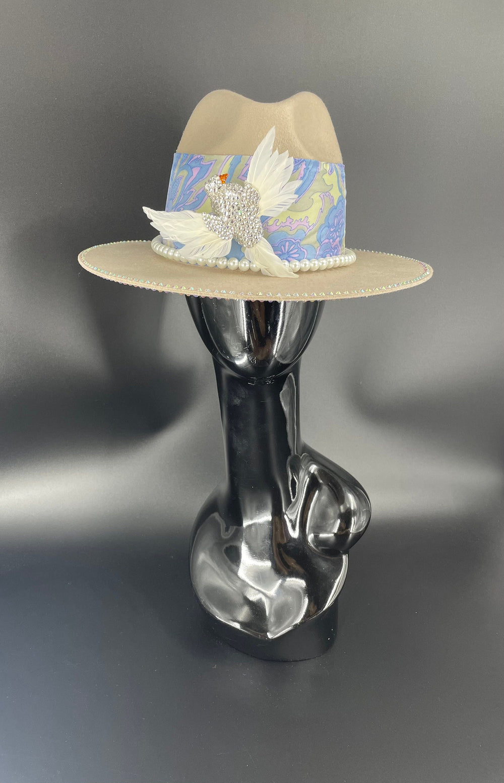 Light Tan Embellished Fedora W/Strassed Bird