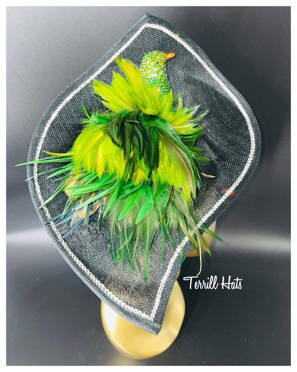 Big Black Fascinator W/Crystal Green Bird
