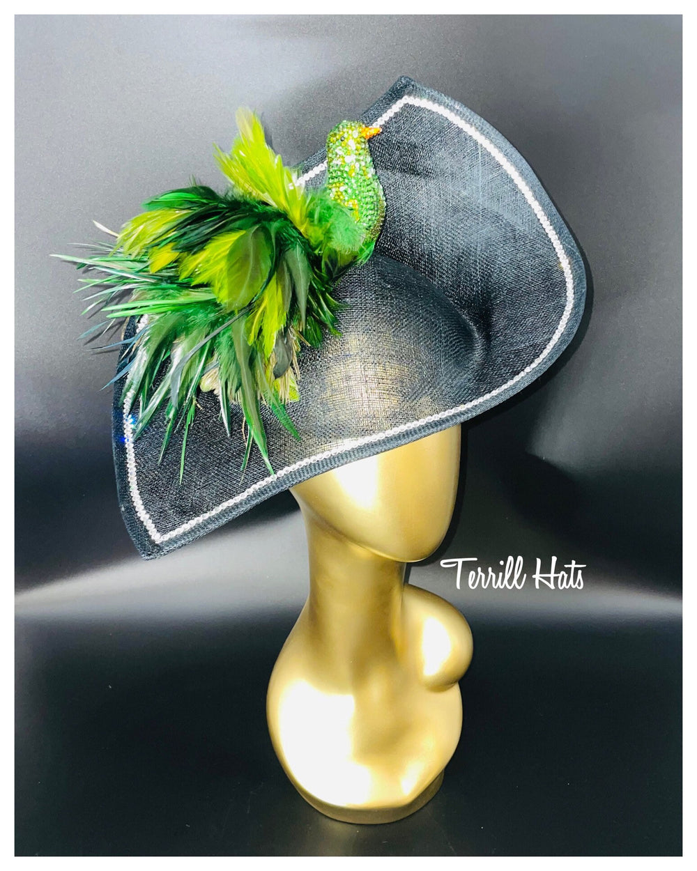 Big Black Fascinator W/Crystal Green Bird