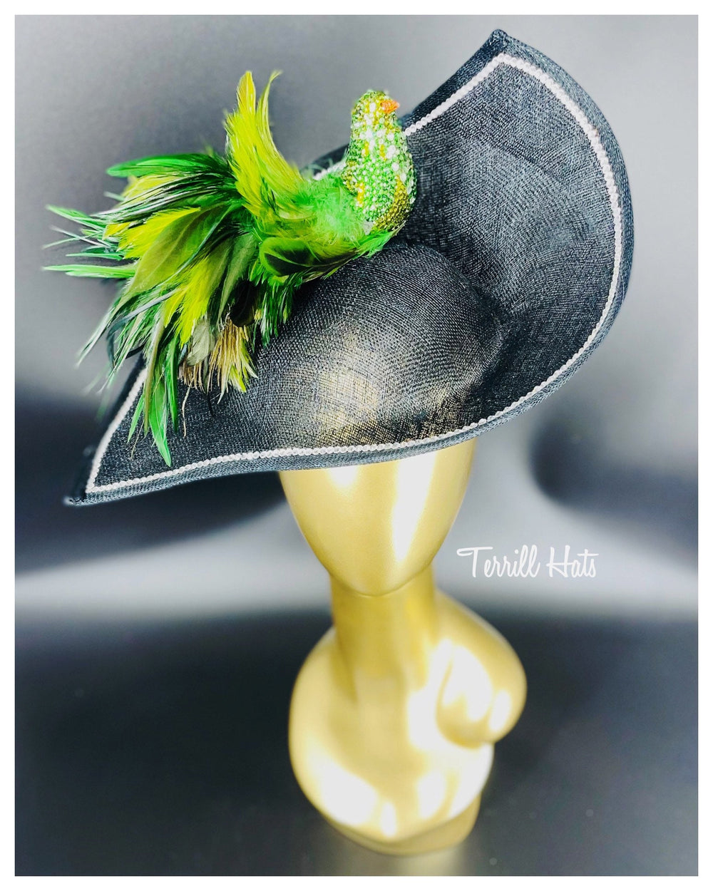 Big Black Fascinator W/Crystal Green Bird