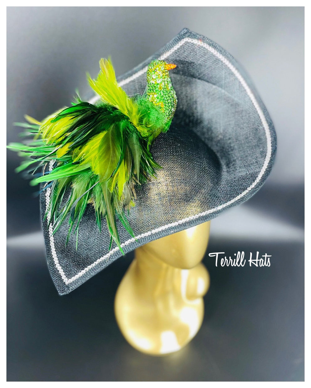 Big Black Fascinator W/Crystal Green Bird