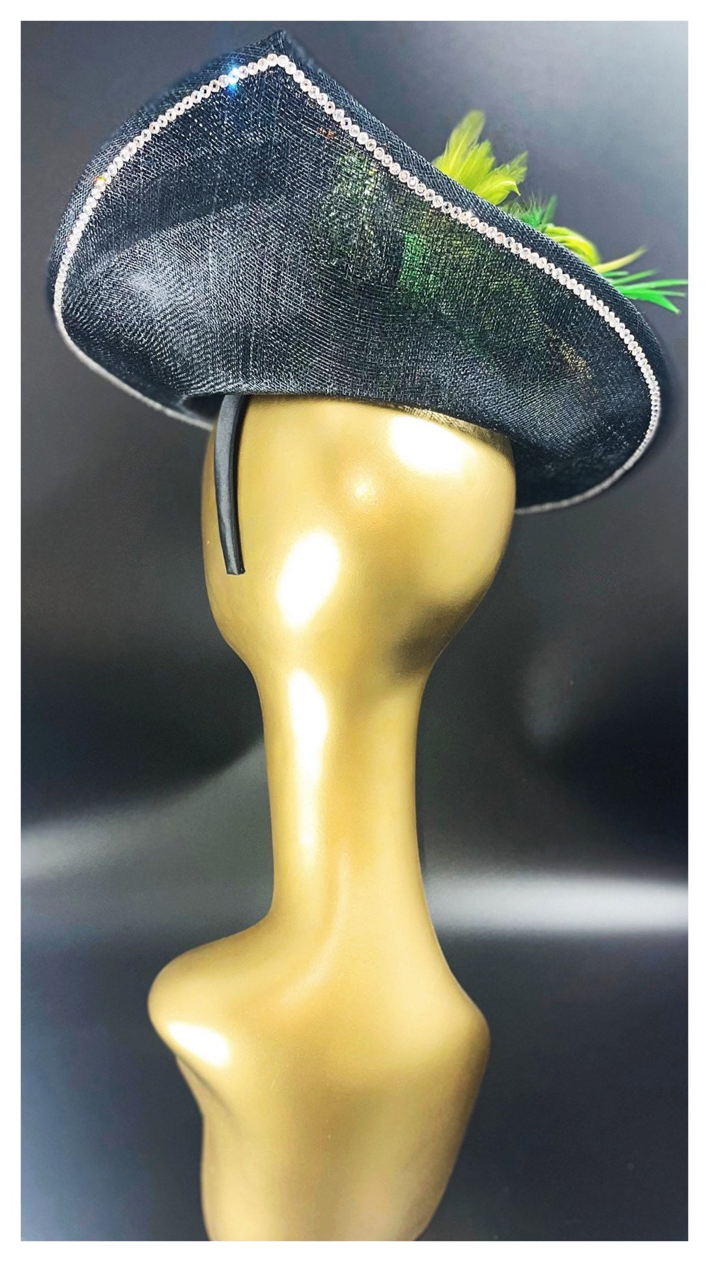 Big Black Fascinator W/Crystal Green Bird