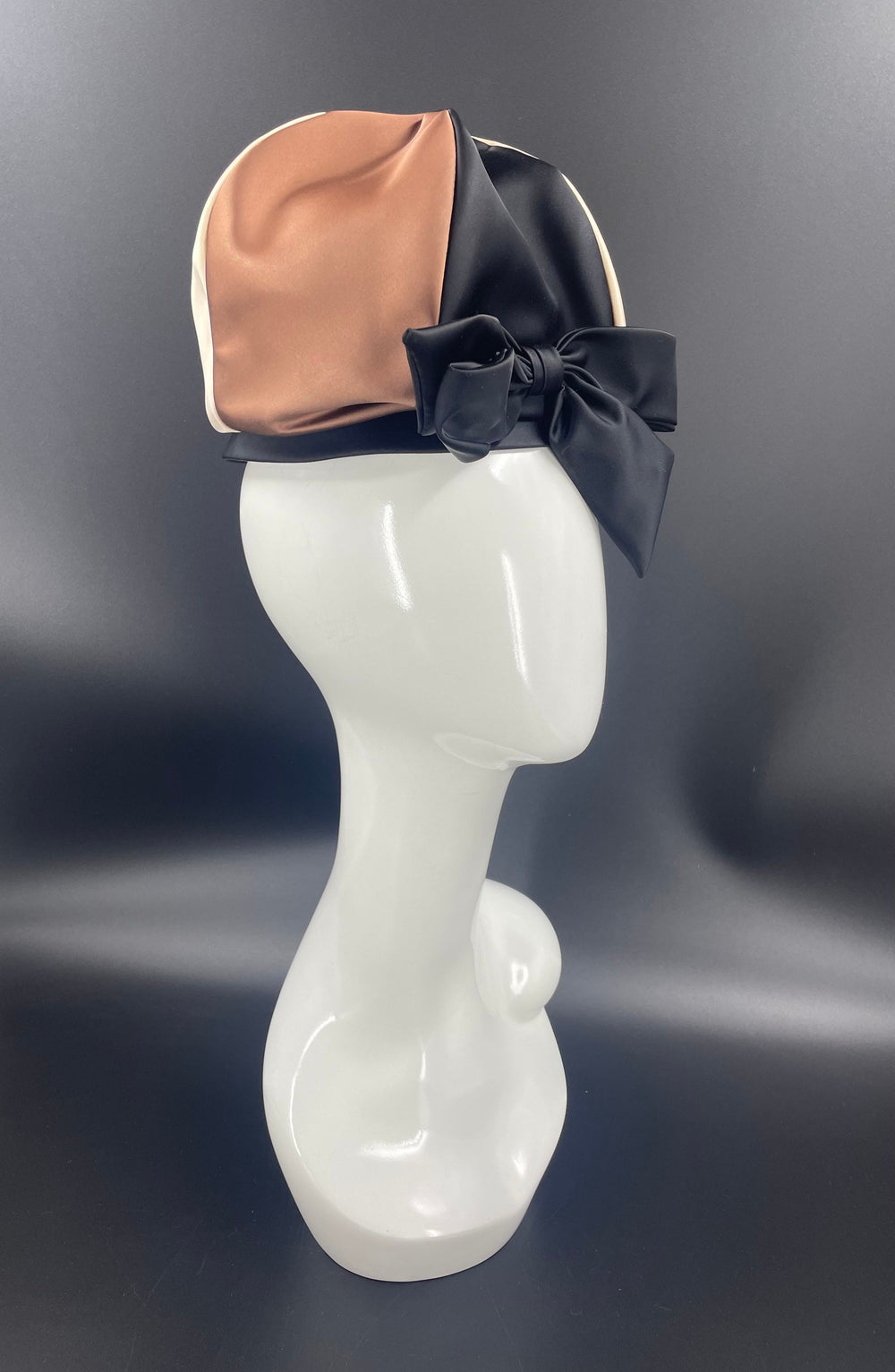 Vintage Silk Hat: Brown, Creme & Black Bow, 1950s USA