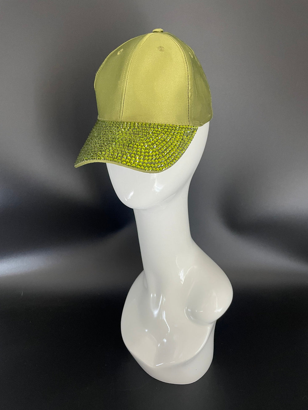 Silk Olive Green Baseball Cap With Crystal Brim.