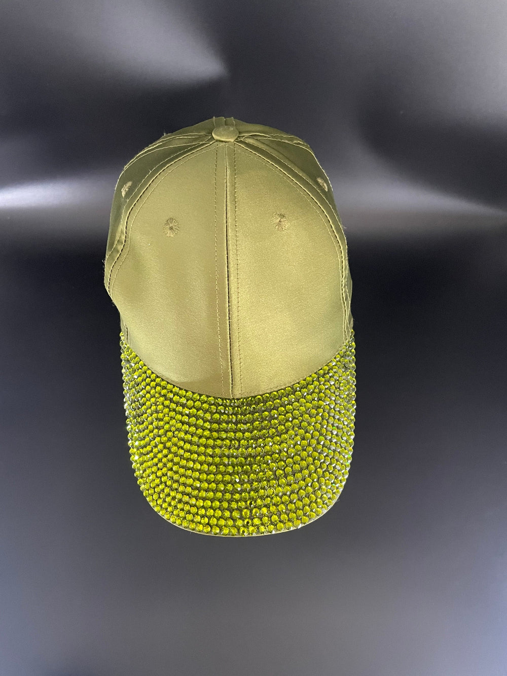 Silk Olive Green Baseball Cap With Crystal Brim.