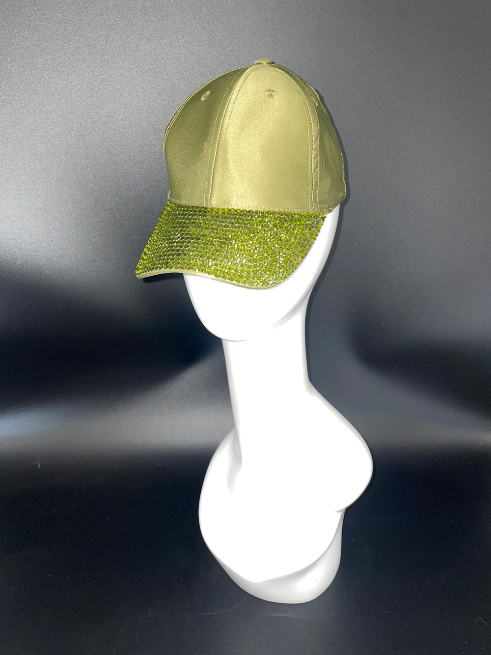 Silk Olive Green Baseball Cap With Crystal Brim.