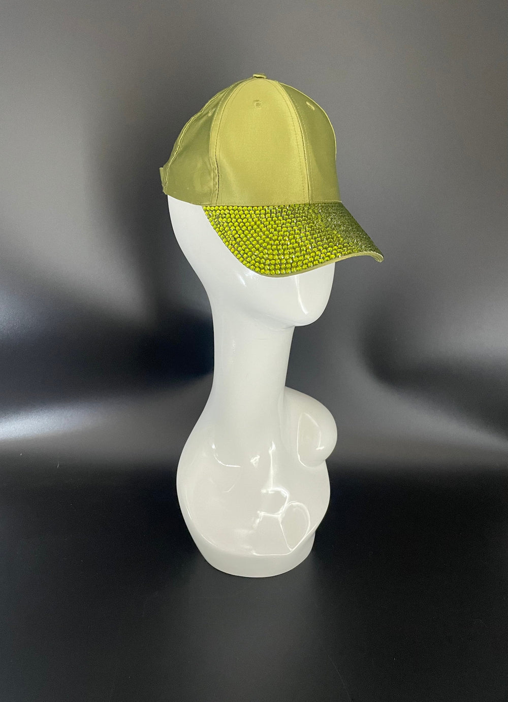 Silk Olive Green Baseball Cap With Crystal Brim.