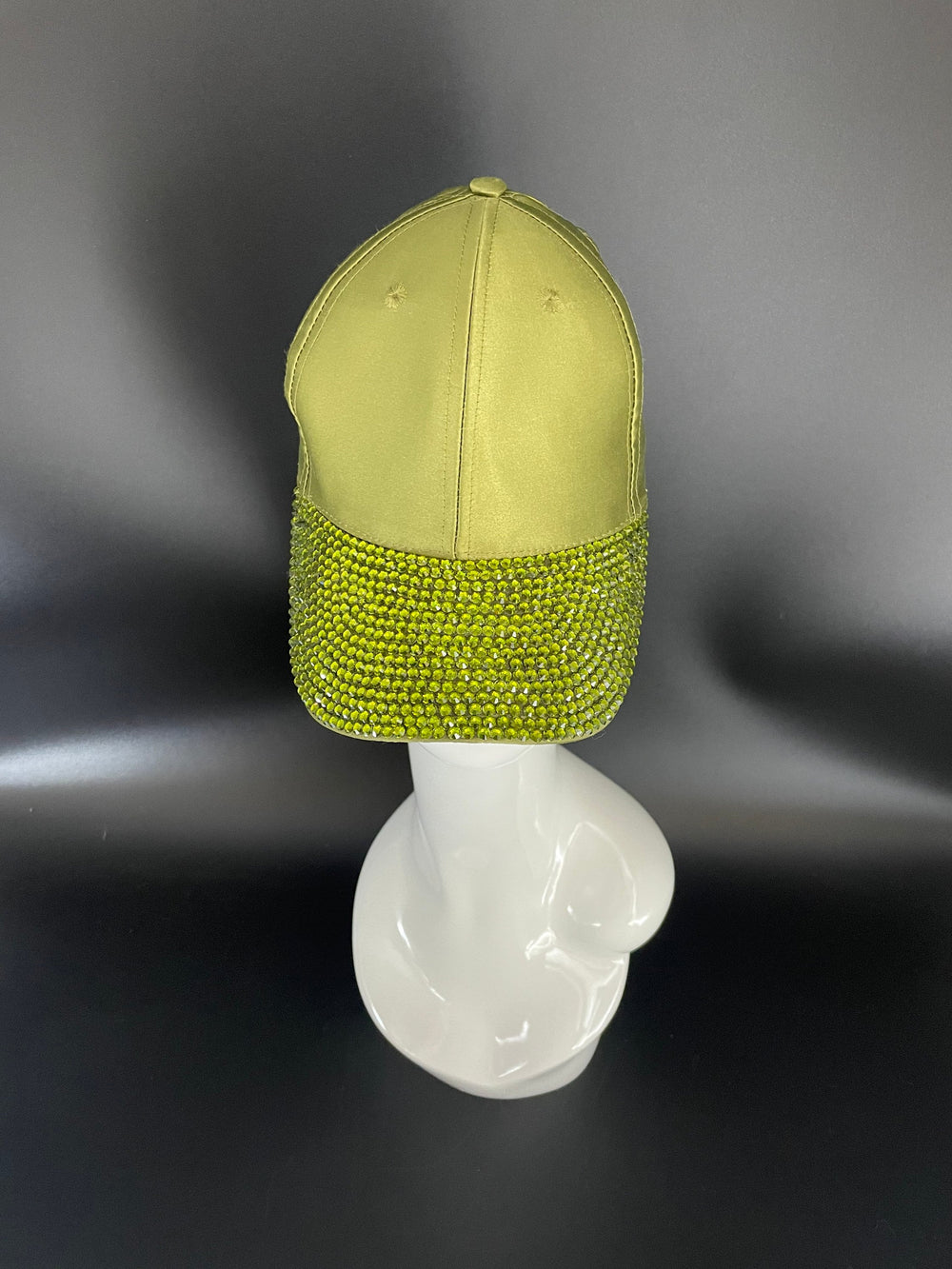 Silk Olive Green Baseball Cap With Crystal Brim.