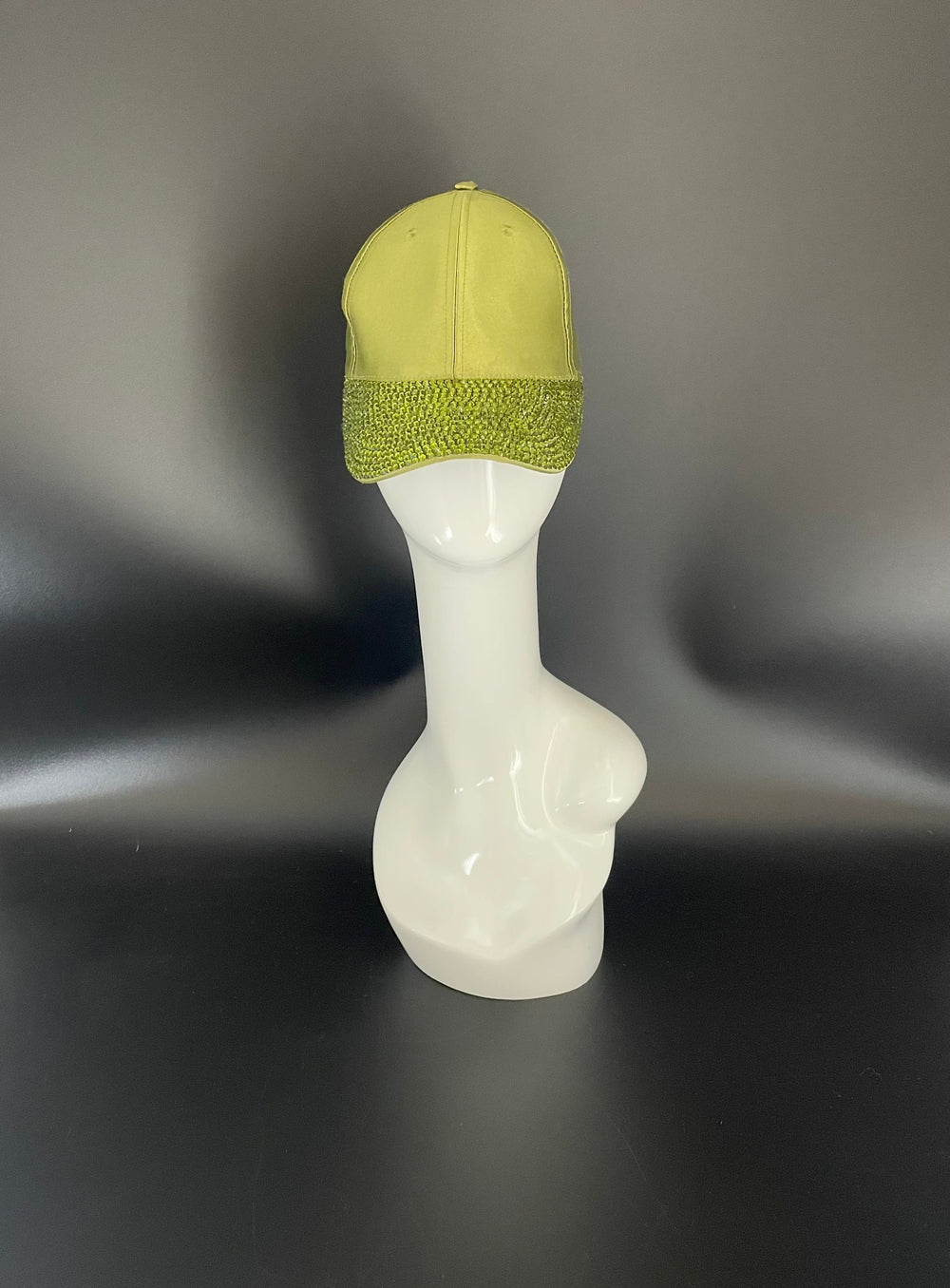 Silk Olive Green Baseball Cap With Crystal Brim.