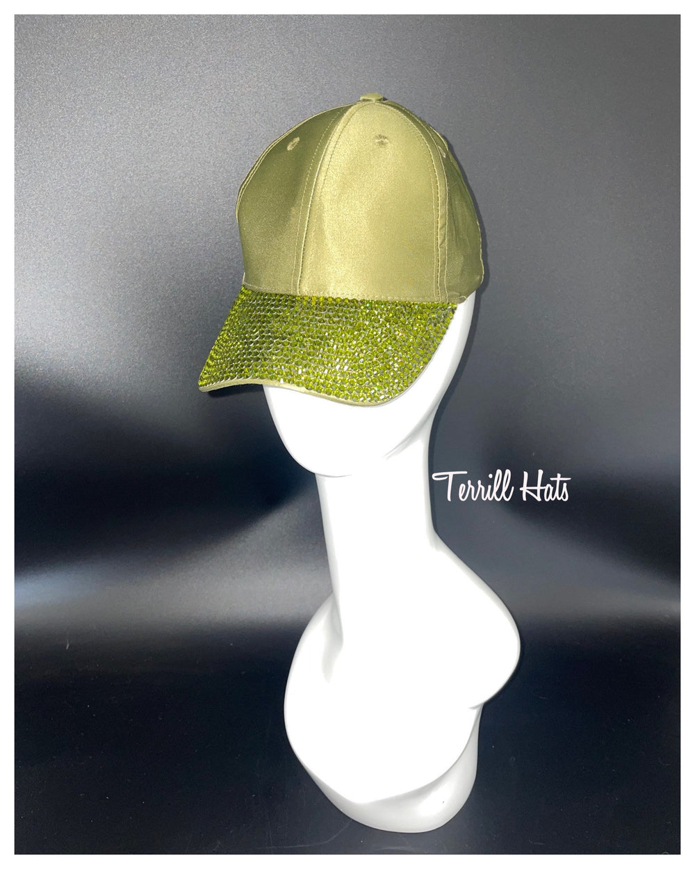 Silk Olive Green Baseball Cap With Crystal Brim.